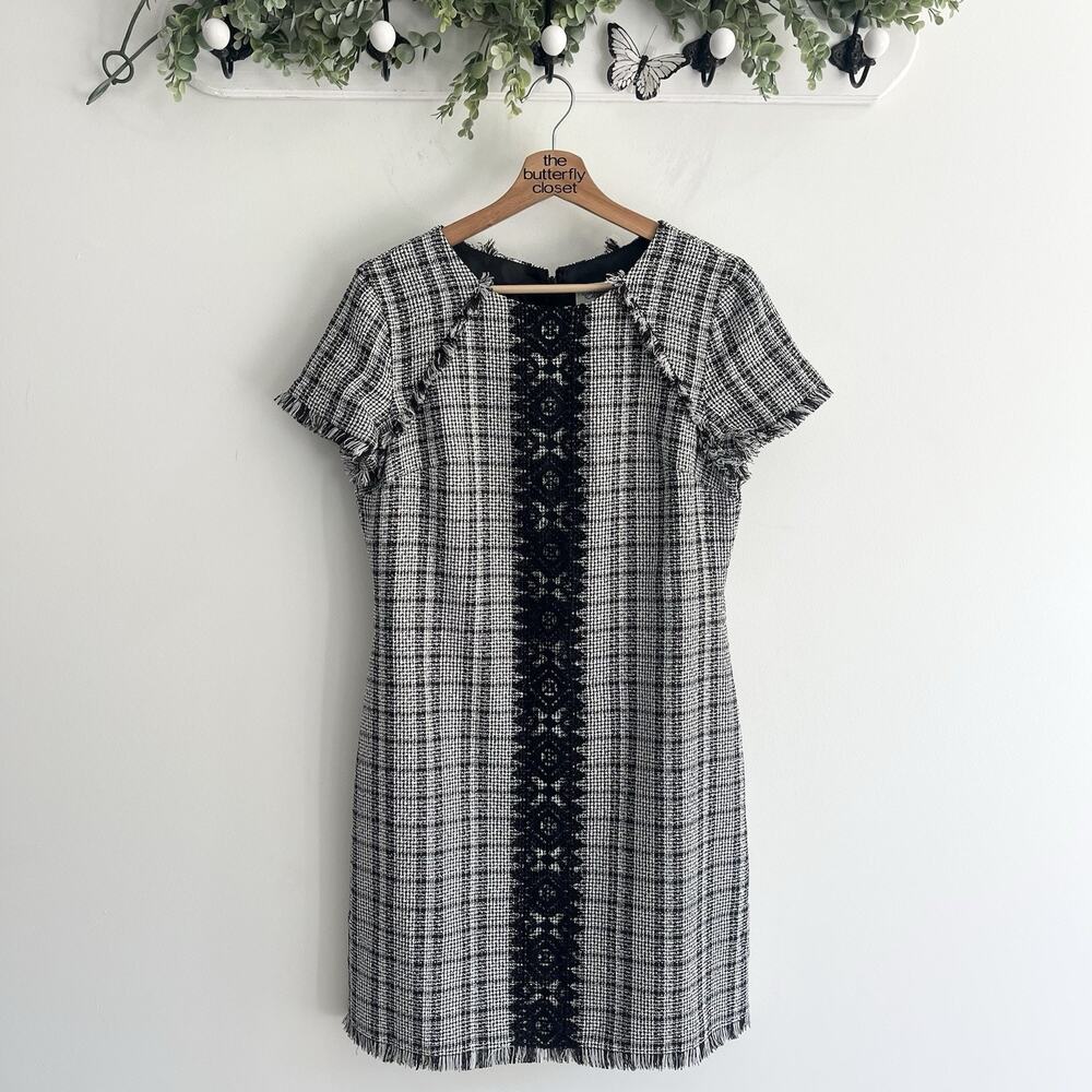 Eliza J Women Short Sleeve Lace Trim Tweed Dress Size 8 Plaid M106-28 CC543